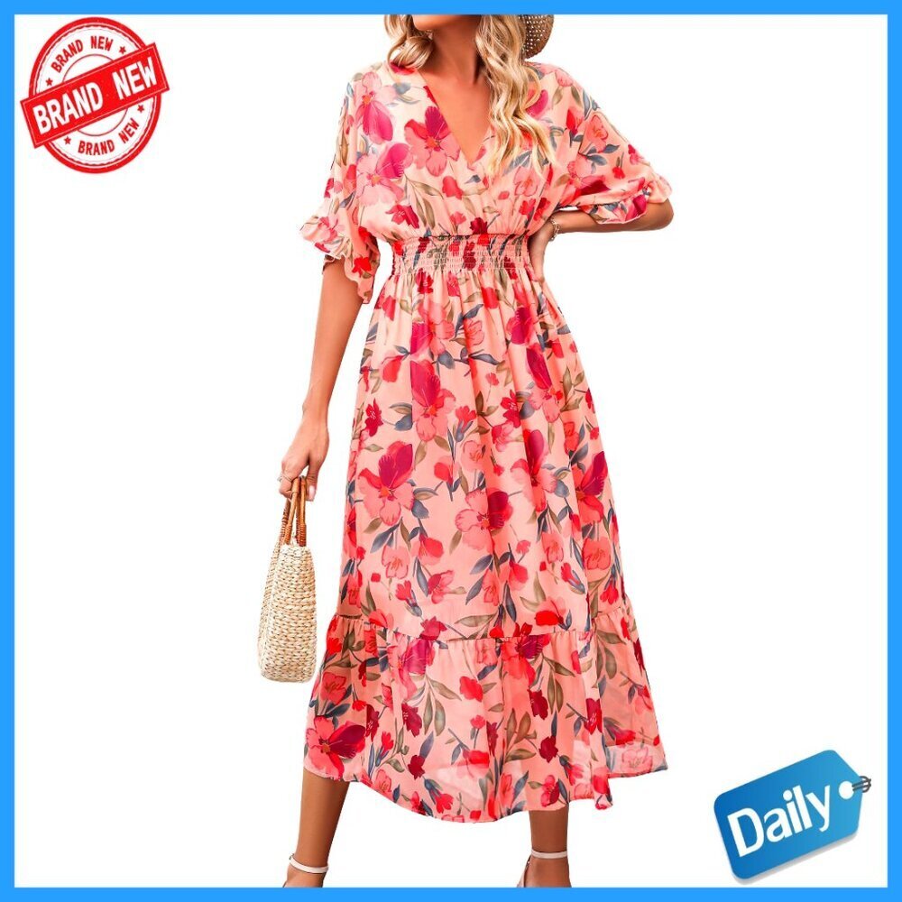 Floral Midi Dress A-Line Chiffon Boho Casual Short Sleeve Beach Wedding